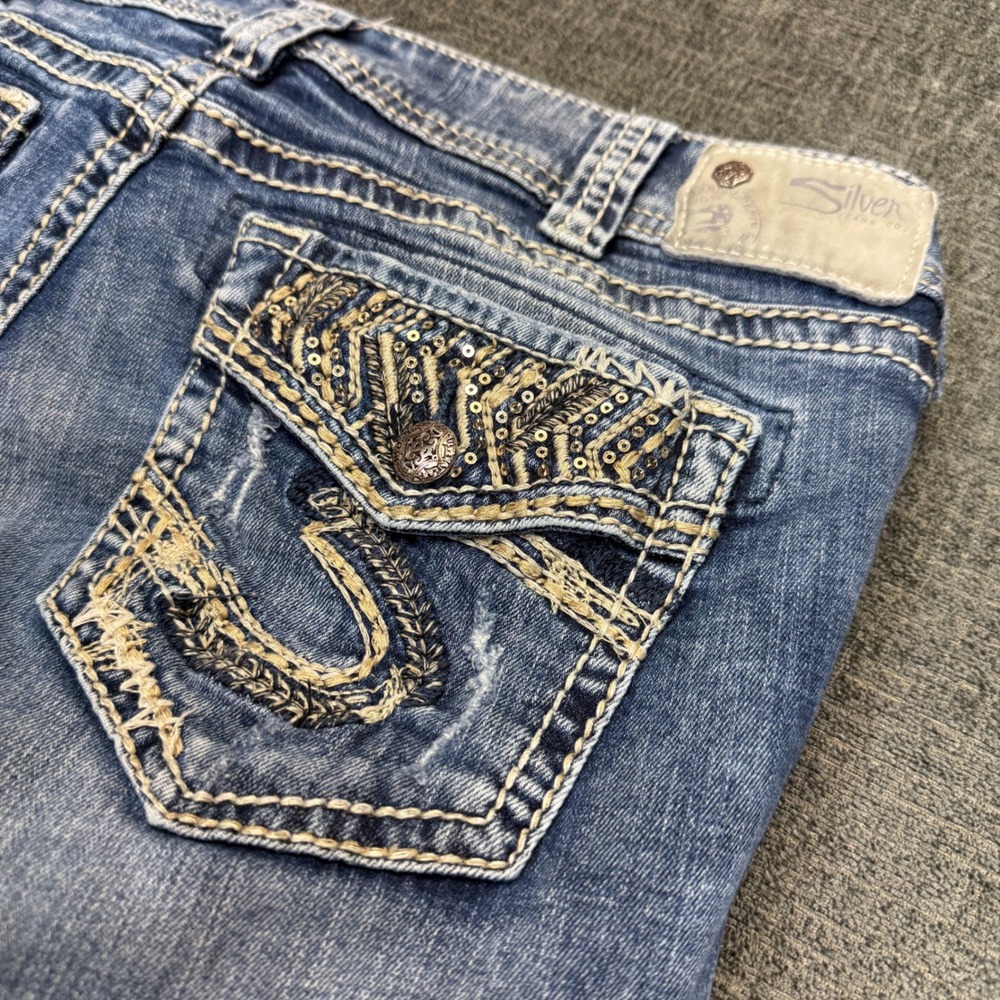 Silver Jeans Suki Mid Capri Womens 30x23 Blue Stretch Embellished Distressed